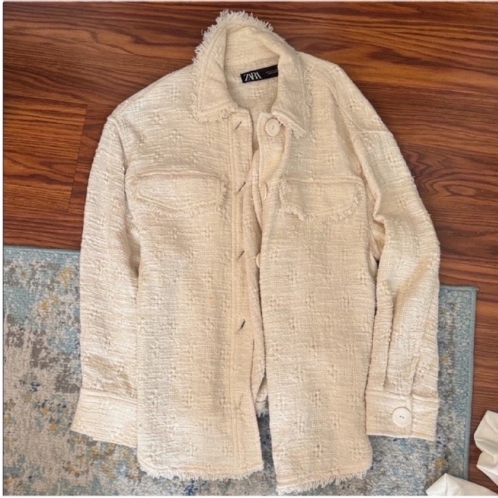 92% cotton Zara boho Cream Tweed/Linen blend button down shirt Jacket - Picture 3 of 5